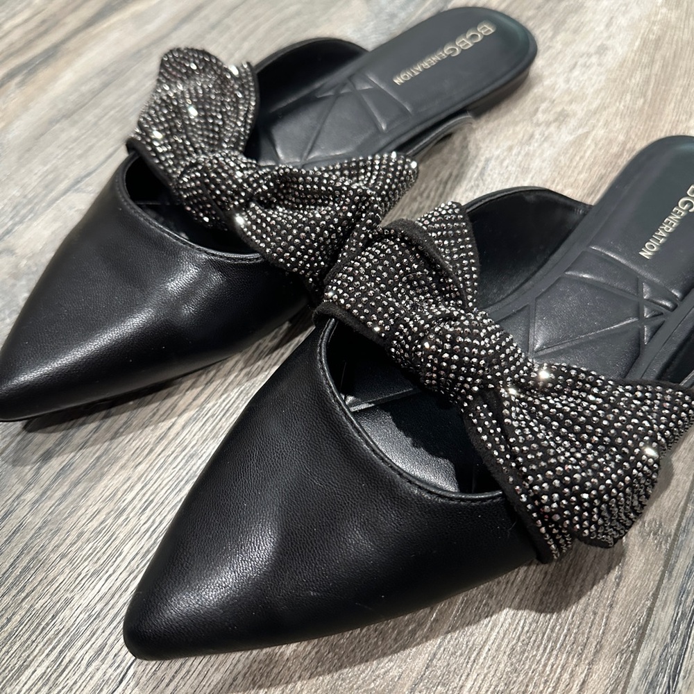 BCBG bedazzled bow flats